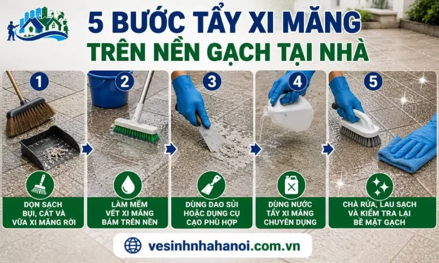 5 bước tẩy xi măng trên nền gạch tại nhà