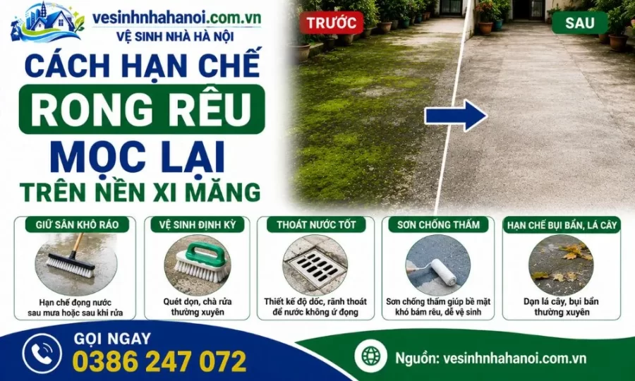 Cách hạn chế rong rêu mọc lại trên nền xi măng