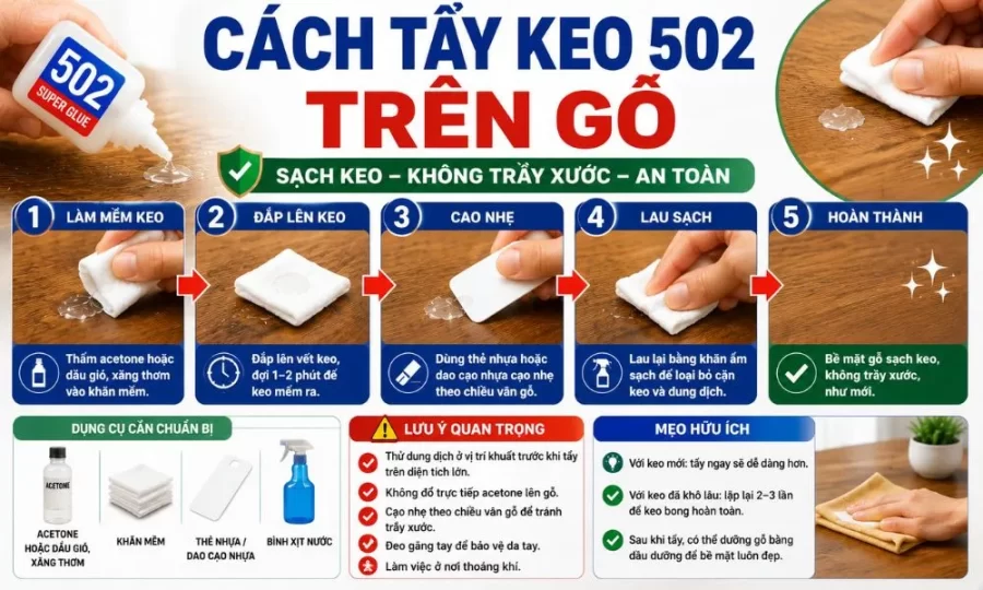 Cách tẩy keo 502 trên gỗ