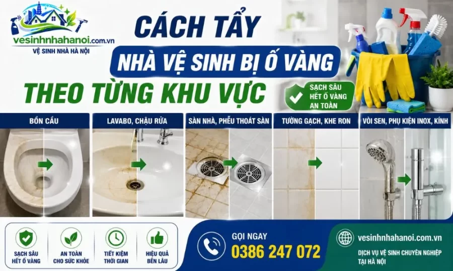 Cách tẩy nhà vệ sinh bị ố vàng theo từng khu vực