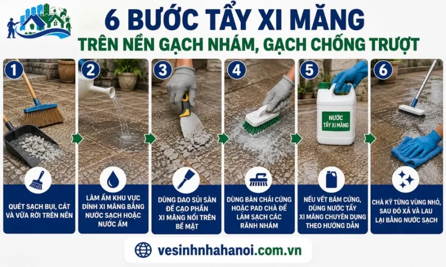 Cách tẩy xi măng trên nền gạch nhám