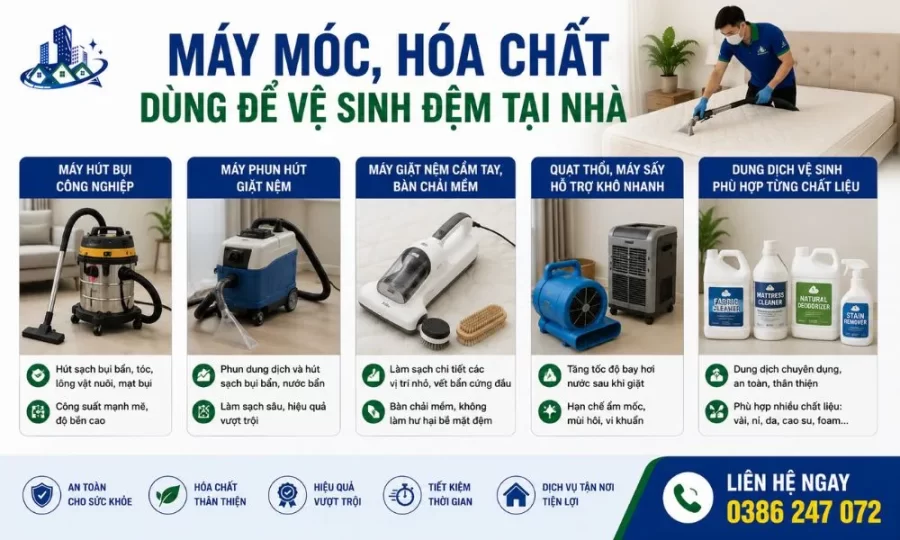 Máy móc hóa chất vệ sinh nệm tại nhà
