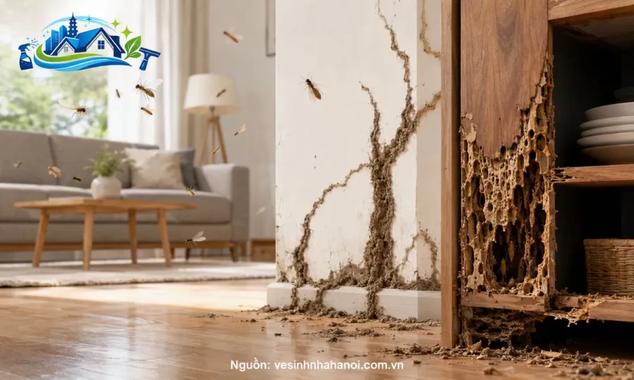 Nhà bị mối xông với dấu hiệu mối cánh và đồ gỗ bị mọt