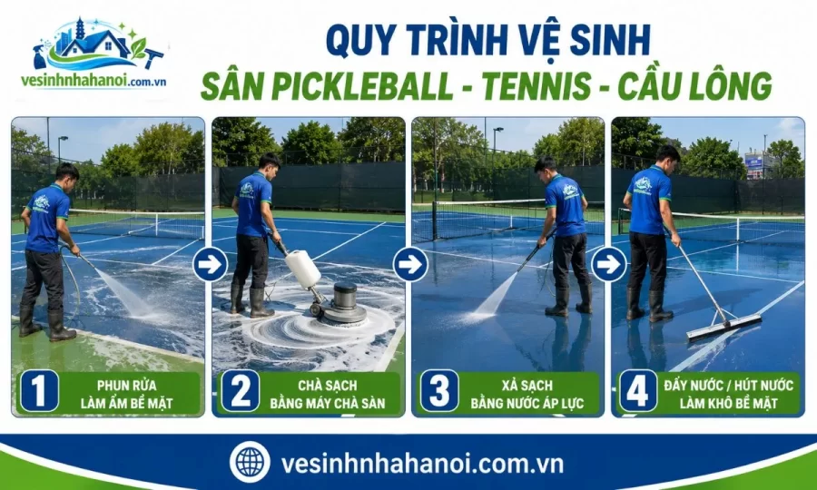 Quy trình vệ sinh sân pickleball tennis cầu lông