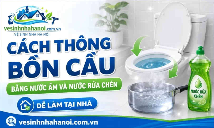 thông bồn cầu bằng nước ấm và nước rửa chén