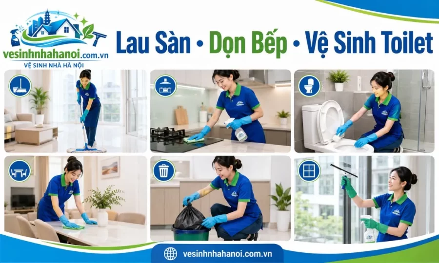 Công việc dọn dẹp nhà theo giờ Hoàng Mai gồm lau sàn dọn bếp vệ sinh toilet
