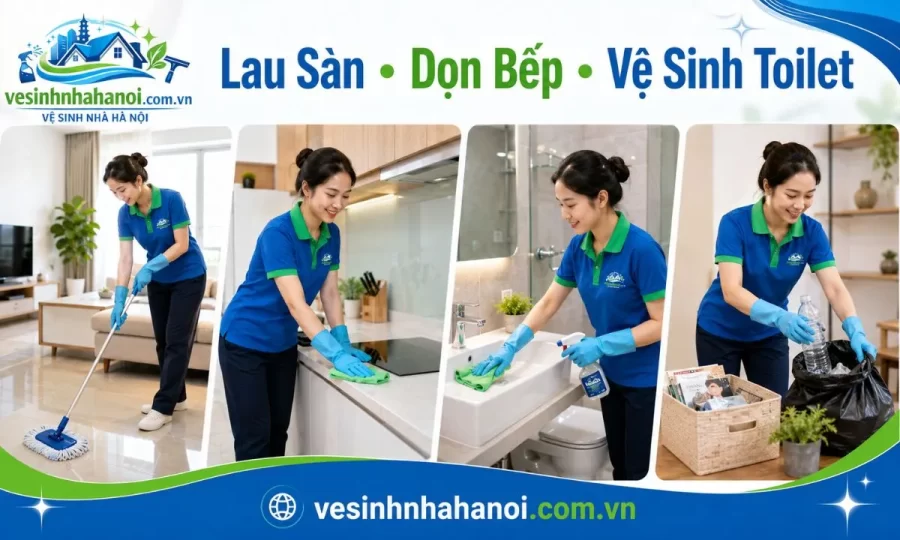 Công việc dọn nhà theo giờ Gia Lâm gồm lau sàn, dọn bếp, vệ sinh toilet