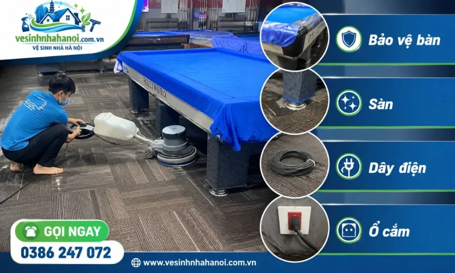 Lưu ý khi vệ sinh thảm quán bida cần bảo vệ chân bàn dây điện ổ cắm và thiết bị