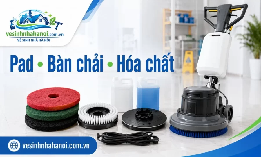Pad bàn chải và hóa chất đi kèm khi thuê máy chà sàn