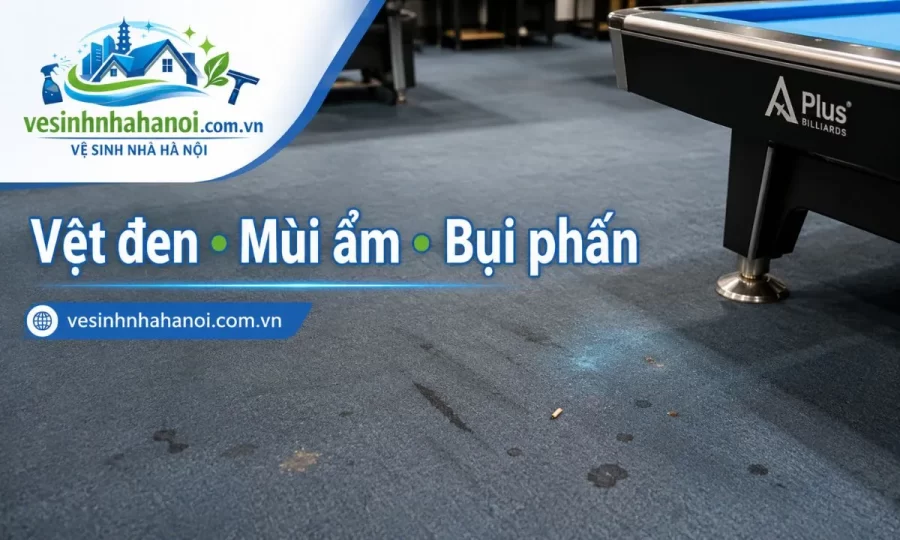 Thảm quán bida bị bẩn có mùi ẩm vệt đen lối đi và bụi phấn