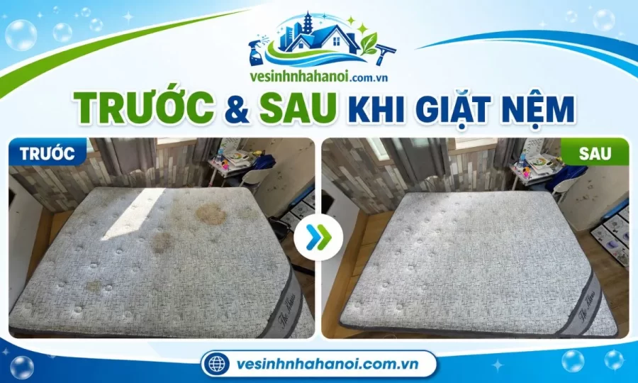 Trước và sau giặt nệm Hai Bà Trưng