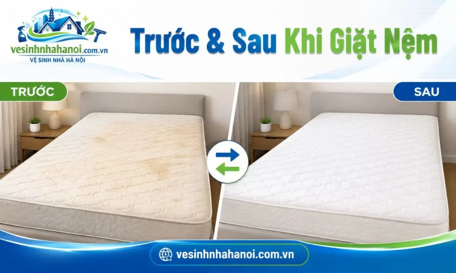 Trước và sau giặt nệm Hoàng Mai tại nhà