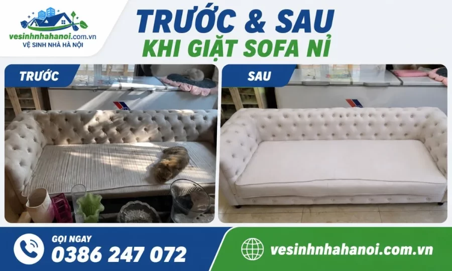 Trước và sau khi giặt sofa nỉ tại nhà Hà Nội